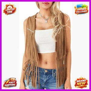Faux Suede Fringe Vest Sleeveless Western Waistcoat 70s Hippie Costume